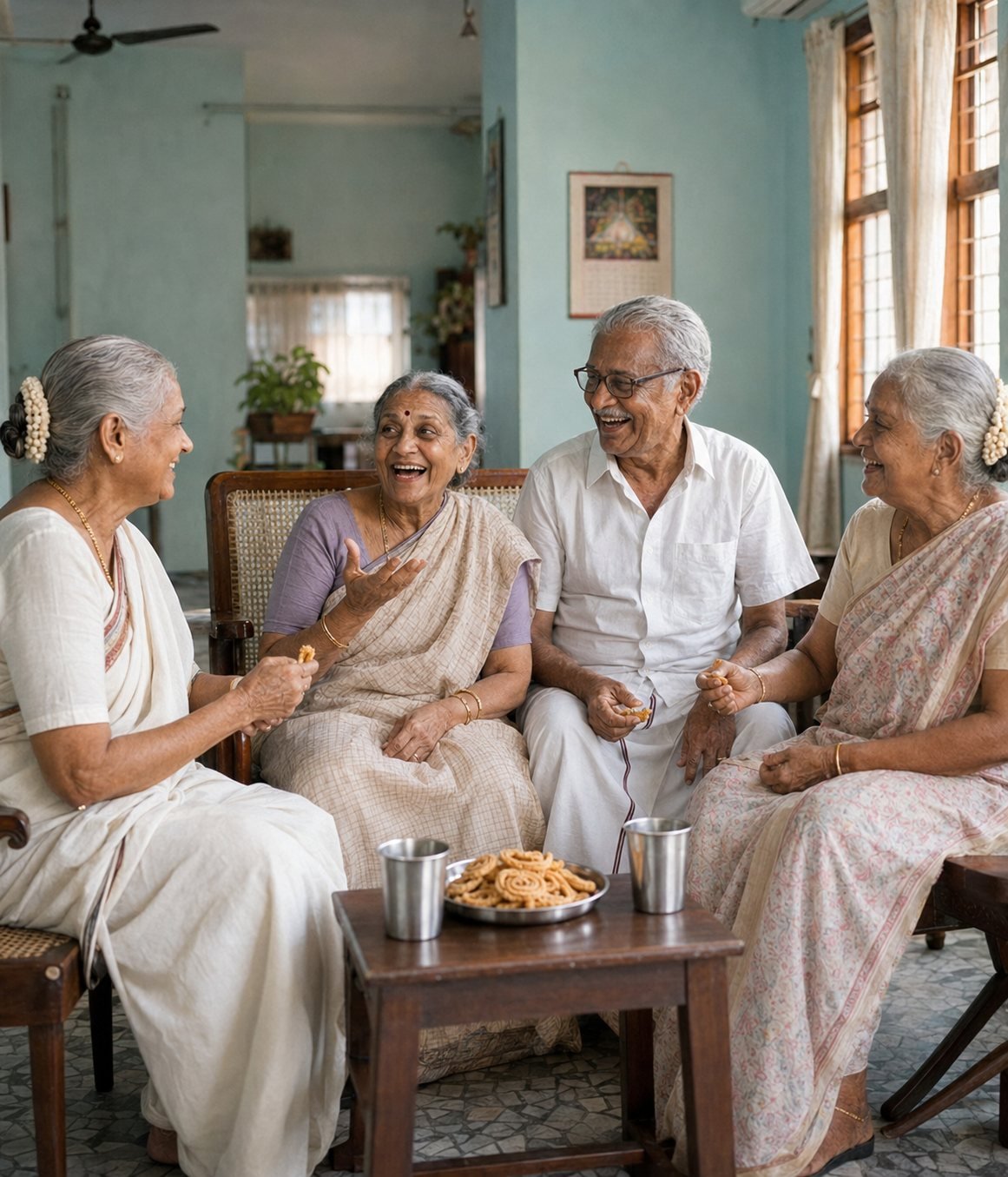 Elderly people sitting together in a bright, homely room — the community Azad Foundation is creating