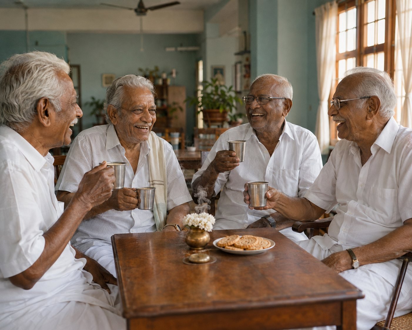 Elders sharing tea and laughter together in a warm common room