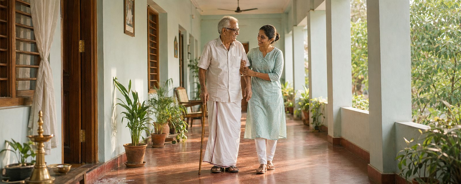 A caregiver walking with an elderly resident in a garden