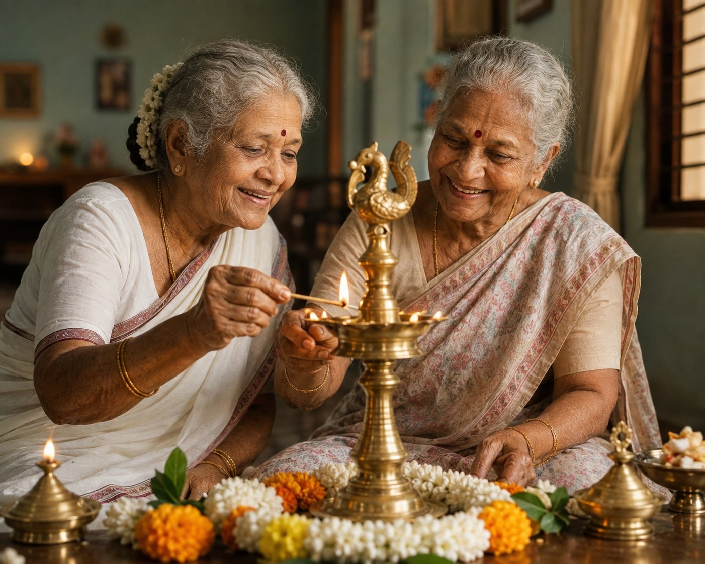 Elders celebrating a festival with flowers and lamps