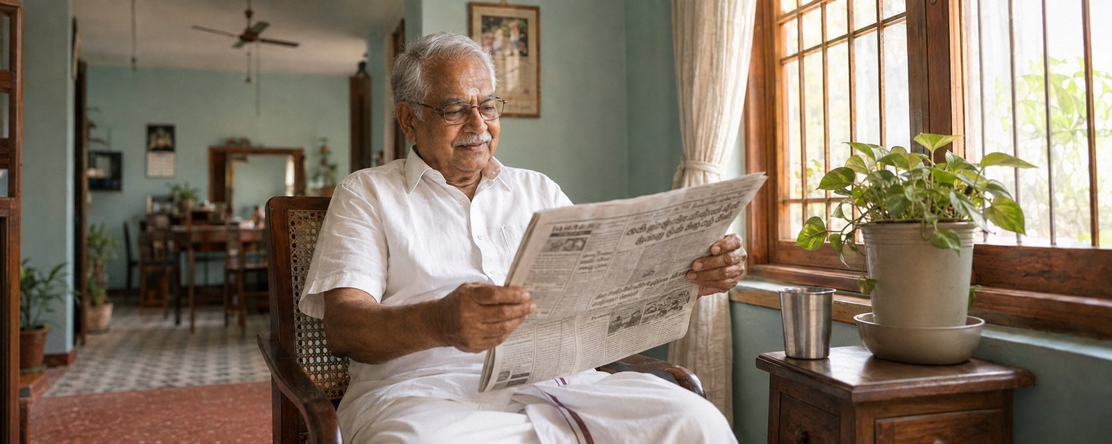 An elderly man reading peacefully by a sunlit window